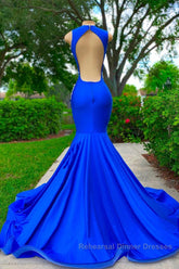 V-neck Mermaid Appliques Lace Sequined Open Back One Shoulder Floor-length Sleeveless Semi Formal Prom Dresses